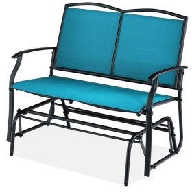 Mesh Patio Loveseat Glider with Armrests; Blue