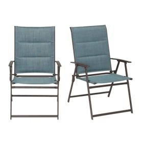 Set of 2 Folding Patio Dining Chairs with Blue Denim Padded Seat