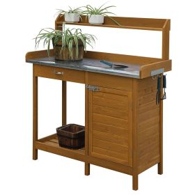 Home Potting Bench with Metal Table Top and Storage Cabinet