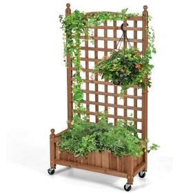 Solid Wood Raised Planter Box with Trellis on Wheels