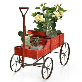 Wooden Wagon Plant Bed With Wheel; Red