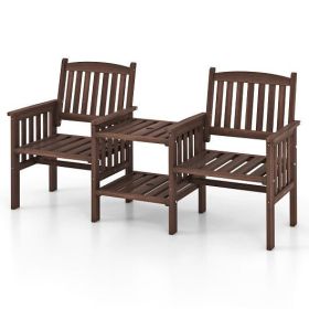 Outdoor Fir Wood Loveseat with 2-Tier Side Table