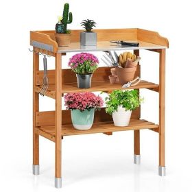 Solid Wood Potting Bench with Shelves and Metal Top