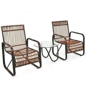 Patio Rattan Furniture Set with a Glass Top Side Table; 3 Pieces