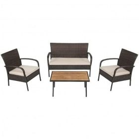 Cushioned Wicker Conversation Set with Acacia Wood Tabletop