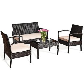 4 Piece Patio Rattan Conversation Set with Coffee Table