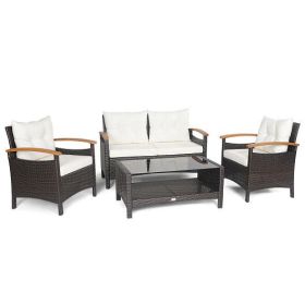 Patio Rattan Furniture Set with Storage Table; White