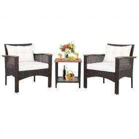 Patio Rattan Furniture Set with Wooden Tabletop; 3 Pieces