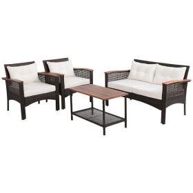 Patio Rattan Acacia Wood Furniture Set with Cushions