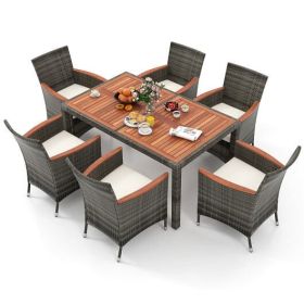 7 Piece PE Rattan Wicker and Acacia Wood Dining Set