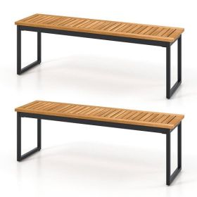Acacia Wood and Metal Patio Benches; Set of 2