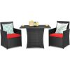 3 Piece Rattan Patio Dining Set with Red Cushions