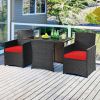 3 Piece Rattan Patio Dining Set with Red Cushions