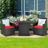 3 Piece Rattan Patio Dining Set with Red Cushions