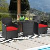 3 Piece Rattan Patio Dining Set with Red Cushions