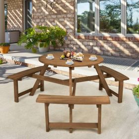 Solid Wood Round Picnic Table Set with 3 Benches