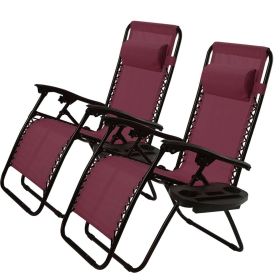 Set of 2 Burgundy Red Folding Zero Gravity Lounge Chairs