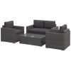 Outsunny 4 Piece Rattan Patio Set with Cushions and Glass Top Coffee Table; Gray