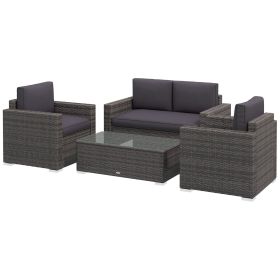 Outsunny 4 Piece Rattan Patio Set with Cushions and Glass Top Coffee Table; Gray