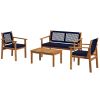Outsunny 4 Piece Blue Acacia Wood Outdoor Furniture Set with Cushions and Coffee Table