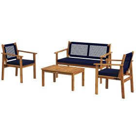 Outsunny 4 Piece Blue Acacia Wood Outdoor Furniture Set with Cushions and Coffee Table