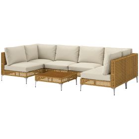 Outsunny 7 Piece Wicker Patio Furniture Set With Acacia Wood Table, Khaki/Beige