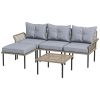Outsunny 5-Piece Rattan Patio Set with Cushions, Footstool, and a Coffee Table; Light Gray