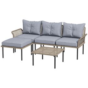 Outsunny 5-Piece Rattan Patio Set with Cushions, Footstool, and a Coffee Table; Light Gray