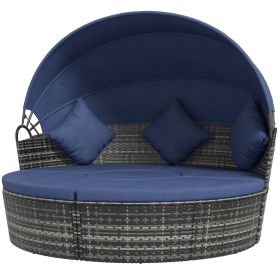 Outsunny Canopied Gray Rattan Daybed With Dark Blue Plush Cushions