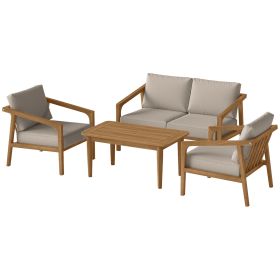 Outsunny Acacia Wood Patio Furniture Set with Thick Cushions; Teak Color Light Grey