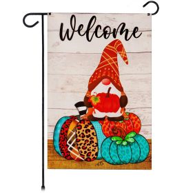 Welcome Garden Gnome Flag with Patterned Pumpkins; 12x18 inch Double Sided