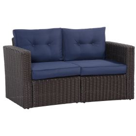 Outsunny 2 Piece Outdoor Wicker Sofa with Dark Blue Cushions