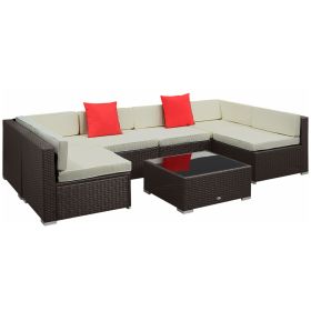 Outsunny Patio Rattan Sectional Sofa with White Cushions; 7 Piece Furniture Set