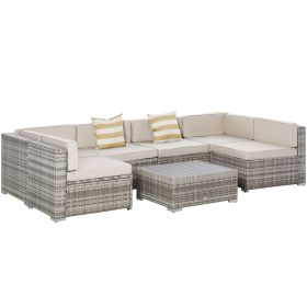 Outsunny All Weather PE Rattan Furniture Set with Cushions & Faux Wood Top Table; Beige; 7 Pieces
