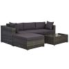 Outsunny Patio Wicker Sectional Furniture Set; Gray Cushions and Pillows; Glass Top Table; 5-Piece