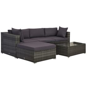 Outsunny Patio Wicker Sectional Furniture Set; Gray Cushions and Pillows; Glass Top Table; 5-Piece
