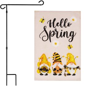 Hello Spring 36"x16" Flag Stand & Bee Gnome 12"x18" Decoration Flag; Double-Sided Burlap Fabric