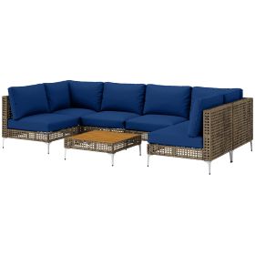 Outsunny 7 Piece Wicker Patio Sectional Furniture Set with Thickened Cushions; Acacia Wood Coffee Table; Brown/Blue