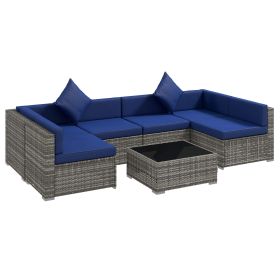 Outsunny 7-Piece Outdoor Rattan Sofa Set with Glass Top Coffee Table; Pillows Included; Mixed Gray and Blue