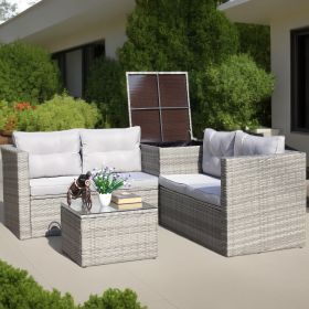 Patio Wicker Furniture Set with Glass Top Coffee Table and Storage Box Table; Grey; 4 Piece