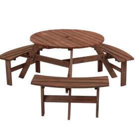 6-Person Circular Outdoor Wooden Picnic Table with 3 Benches
