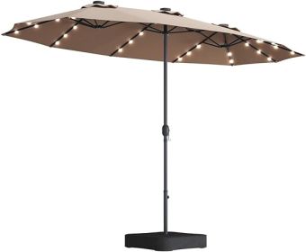 15 ft x 9 ft Large Double-Sided Patio Umbrella with Light and Base; Taupe