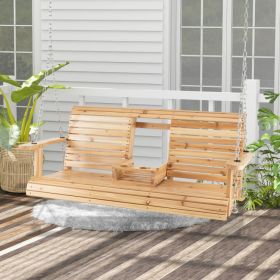 Fir Wood Porch Swing With Adjustable Chains and Foldable Cup Holders; 5 ft