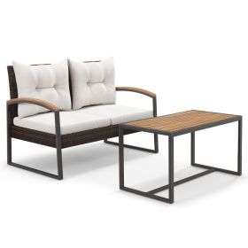 Patio PE Wicker Furniture Set with Acacia Wood Coffee Table; 2 Pieces