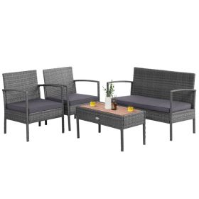 Rattan Patio Furniture Set with Acacia Wood Tabletop; 4 Pieces