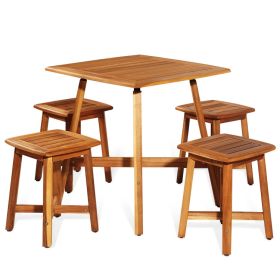 Outdoor Acacia Wood Furniture Set; Square Table and 4 Stools; 5 Pieces