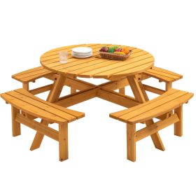 Wooden Picnic Table with 4 Built-in Benches