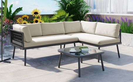 TOPMAX Modern 3-Piece PE Rattan Sofa Set with Cushions and Glass Table