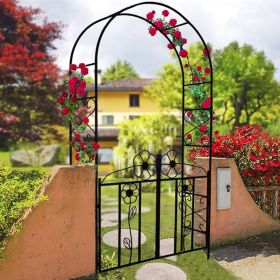 Garden Metal Arbor with Door and Latch for Outdoor Lawn; Black