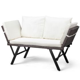 Woven Rattan Patio Sofa; Convertible Daybed with Cushions and Pillows